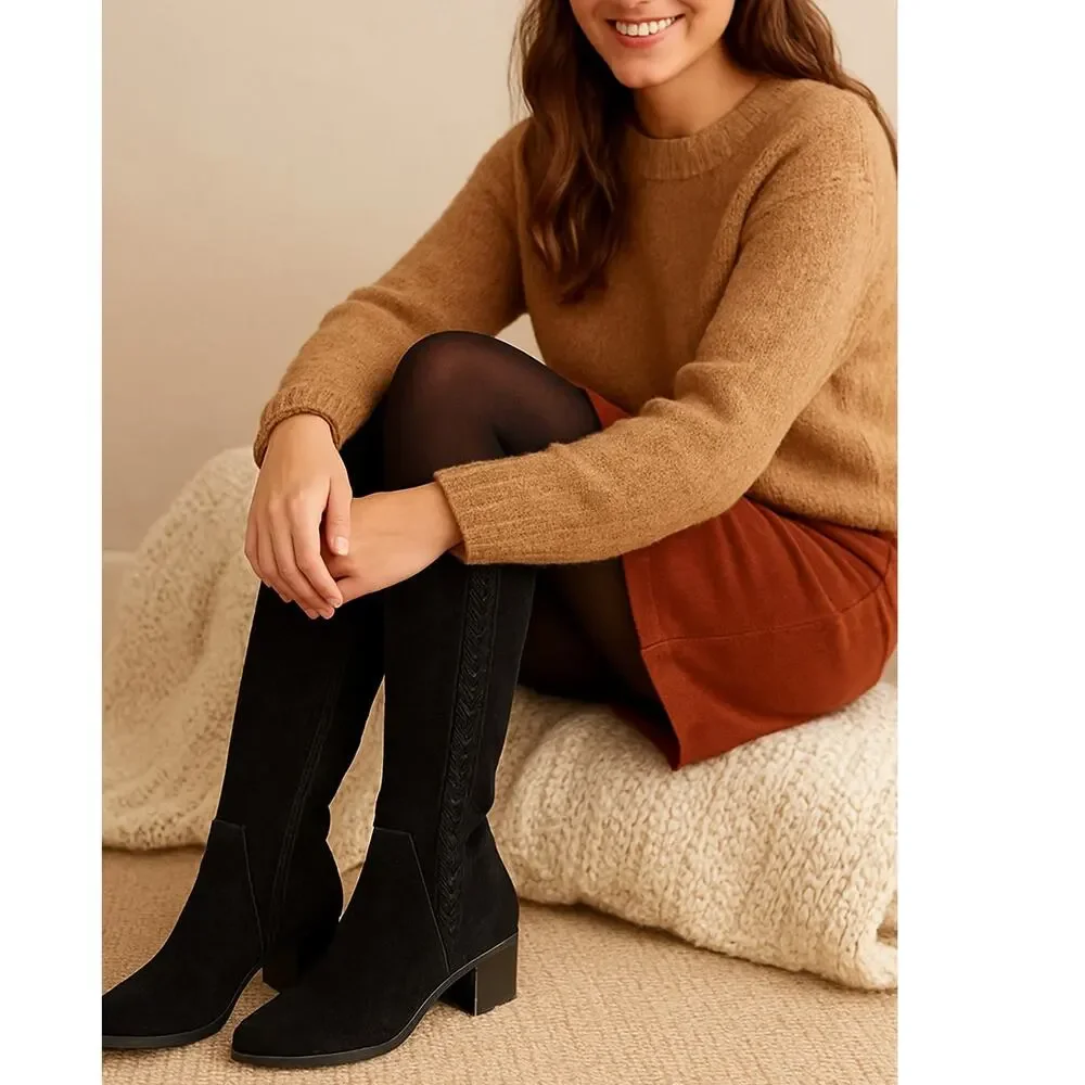 Vince Camuto Braided Leather Suede Tall Over The Knee High Boots Black 5.5 NEW